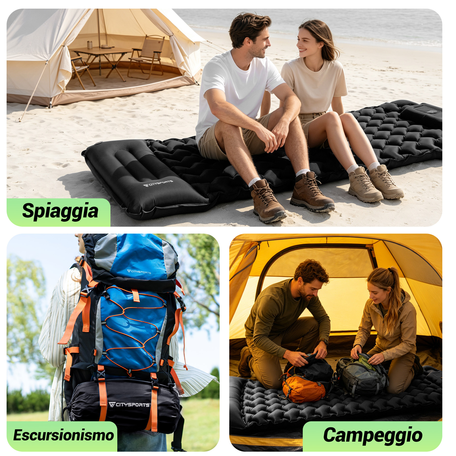 Uomo e donna siedono su materassino gonfiabile in spiaggia, tenda dietro.