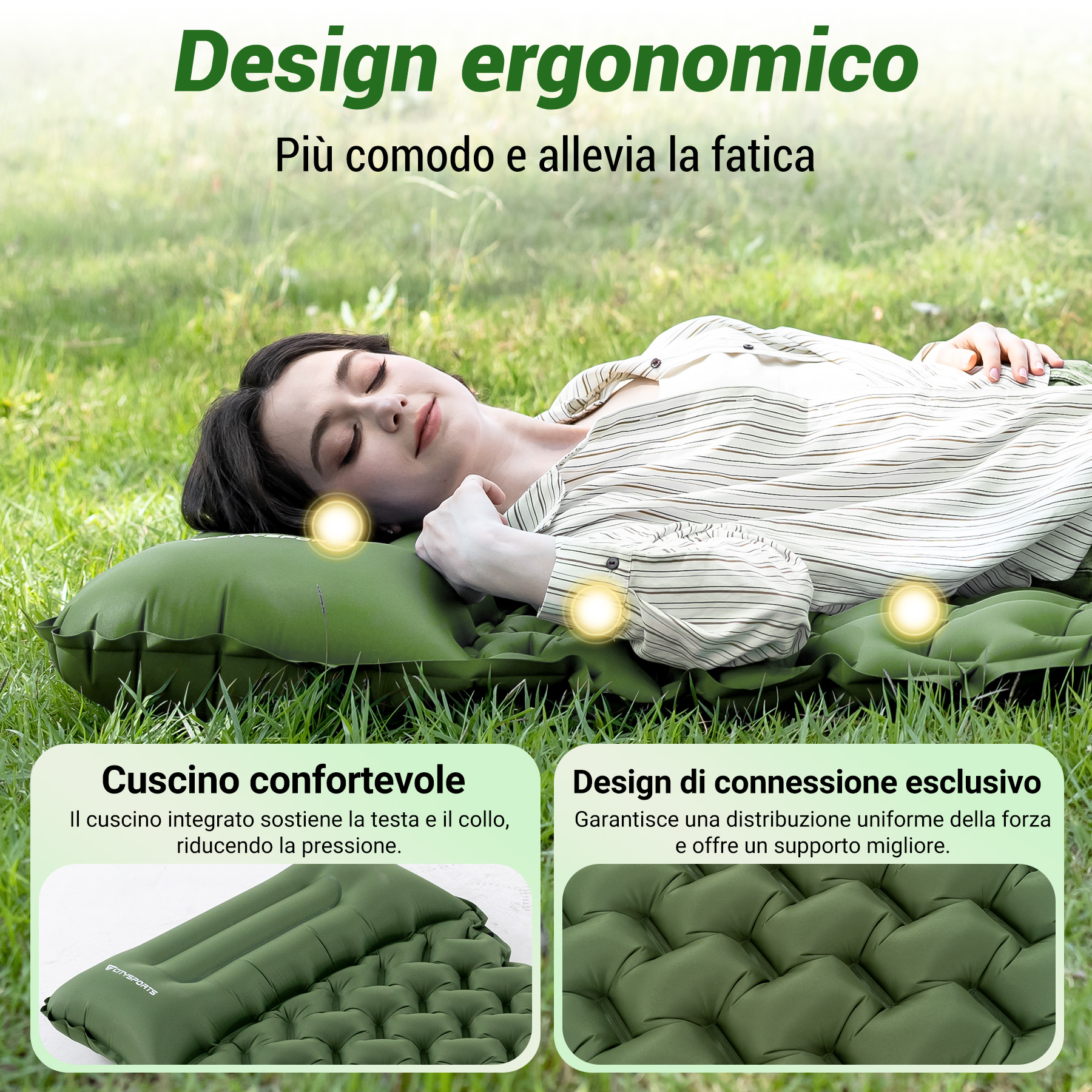Una donna riposa su un materasso gonfiabile verde sull'erba, con testo sul design ergonomico.