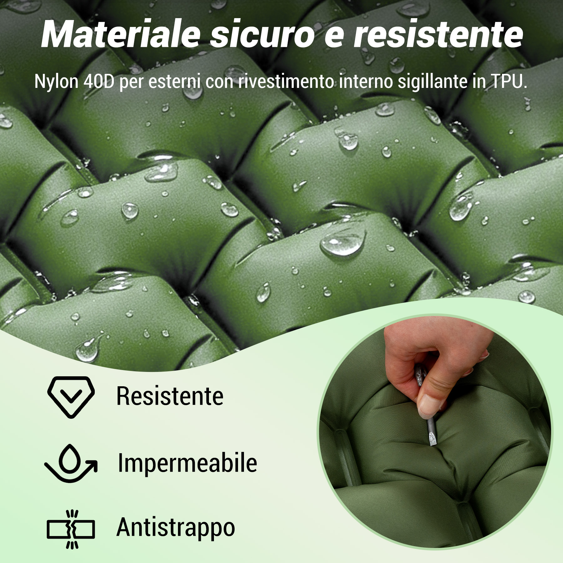 Materiale verde, idrorepellente con bolle e cerniera. Sicuro e resistente.