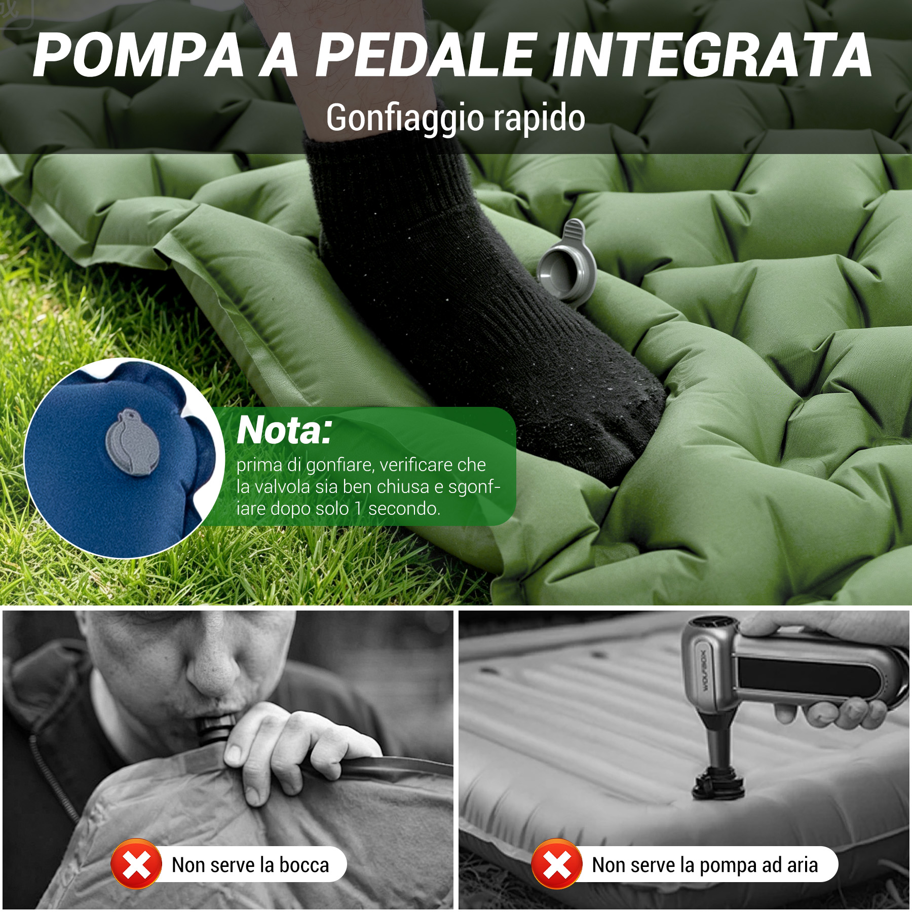 Pompa a pedale integrata con gonfiaggio rapido e note.