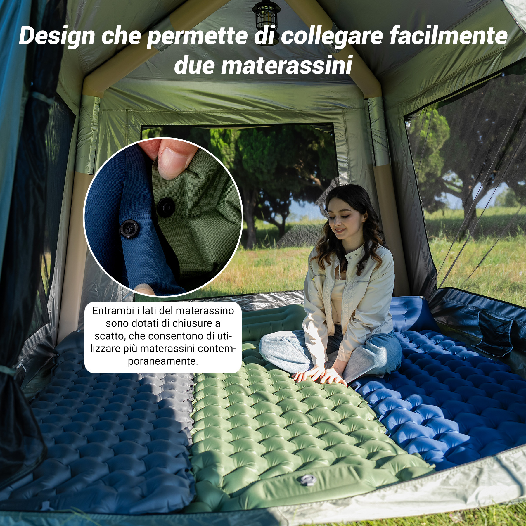 Donna seduta su materassi gonfiabili blu e verdi collegati in una tenda.