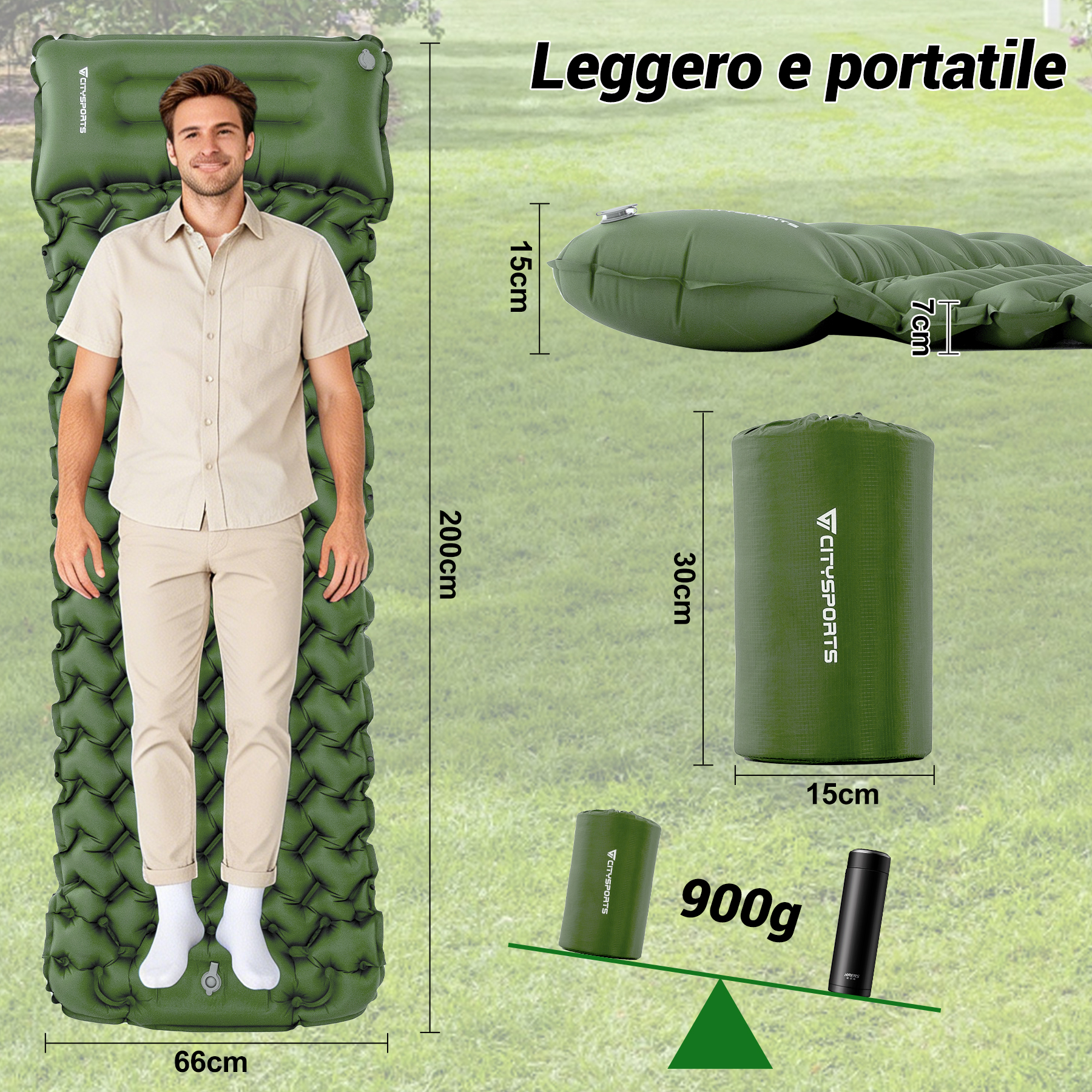 Un uomo giace su un materassino verde. Vengono mostrate le dimensioni.