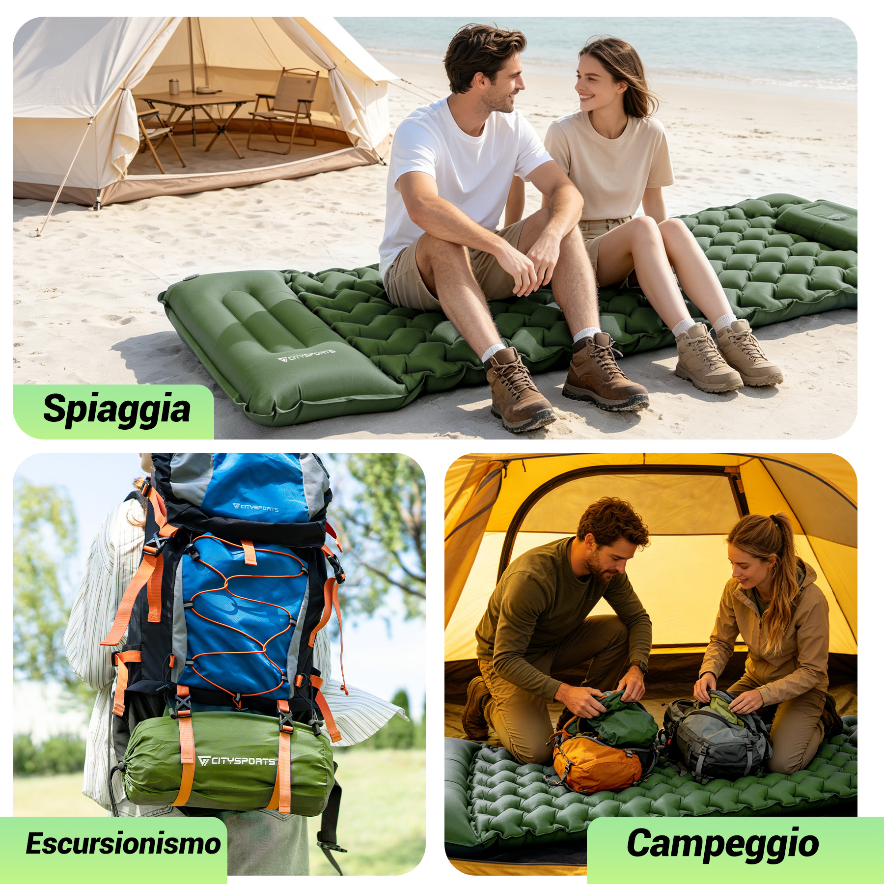 Coppia su materassino da spiaggia vicino a tenda. Sotto: Escursionista con zaino. Destra: Coppia che prepara zaini in tenda.