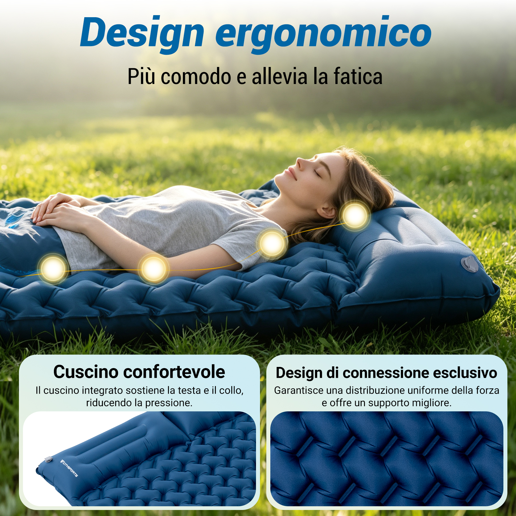 Donna sdraiata su un materasso ad aria blu sull'erba. Il testo evidenzia il design.