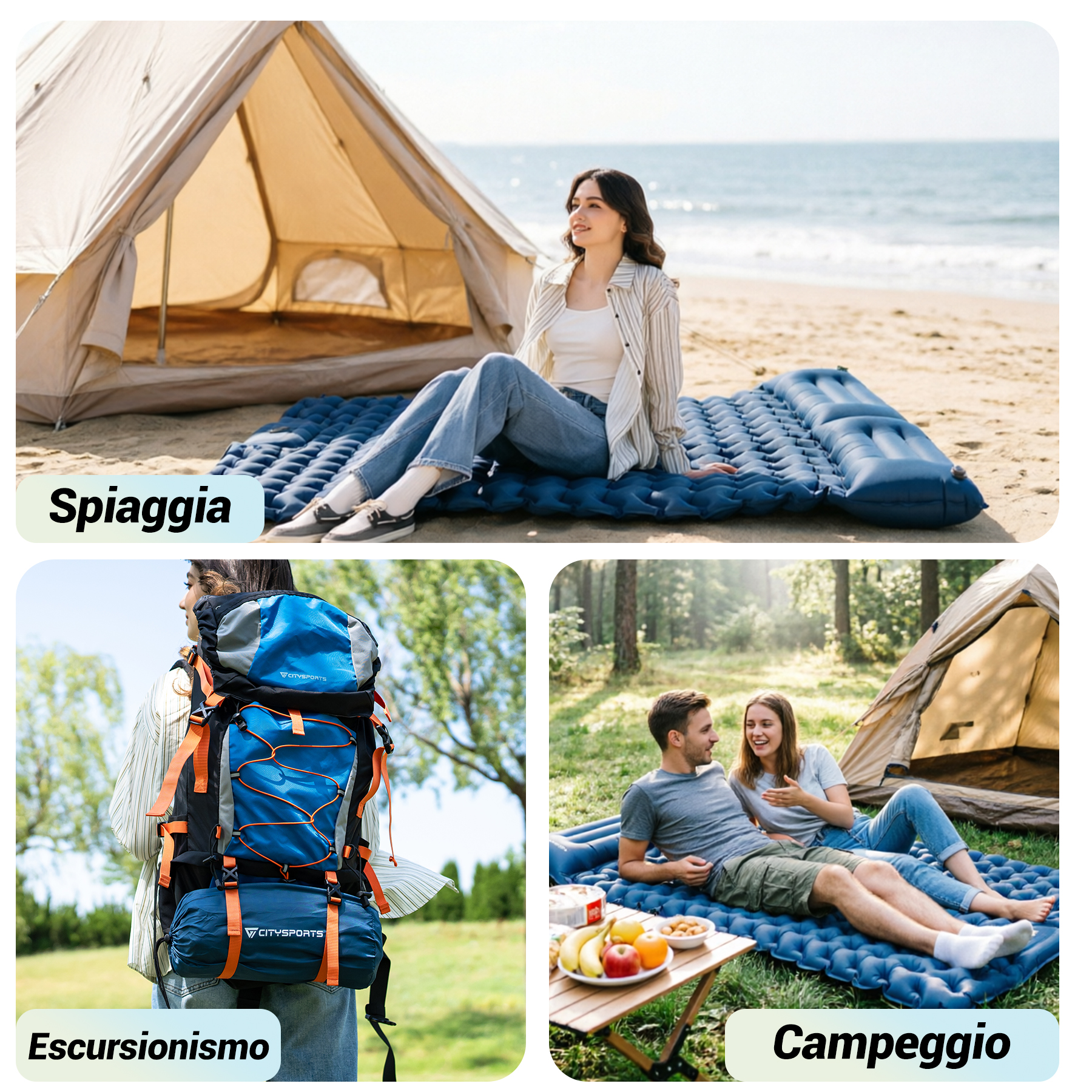 Tre scene: Donna in spiaggia, zaino all'aperto, coppia in campeggio.