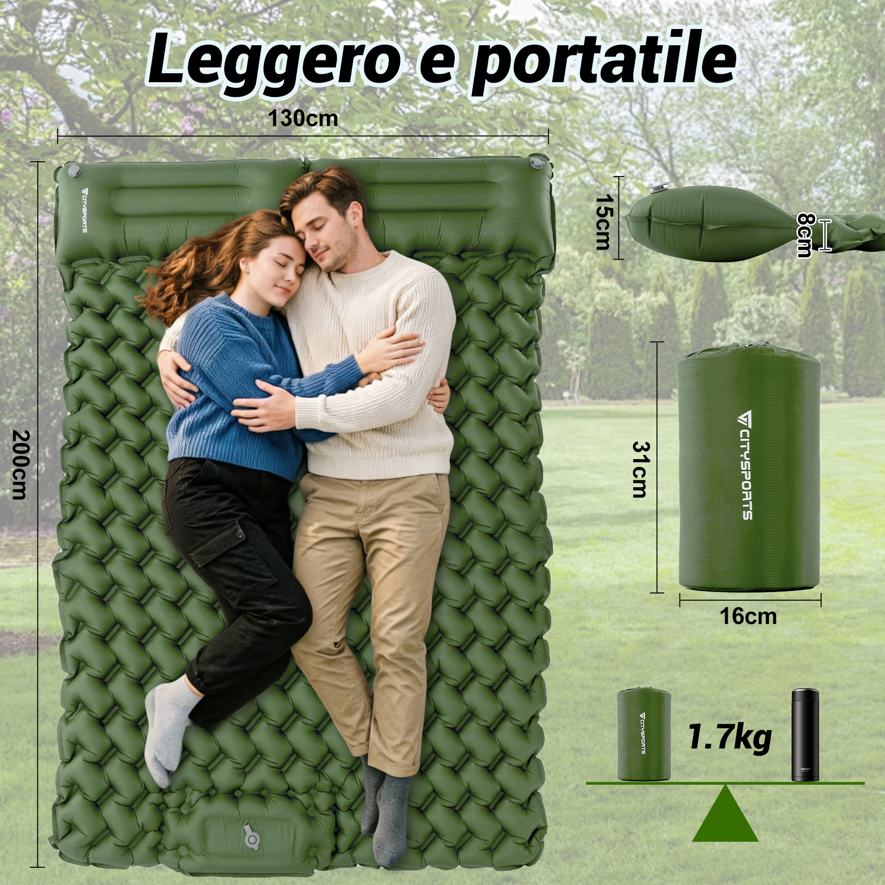 Coppia dorme su un materasso gonfiabile verde. Dimensioni: 130x200cm, 15cm, 8cm.