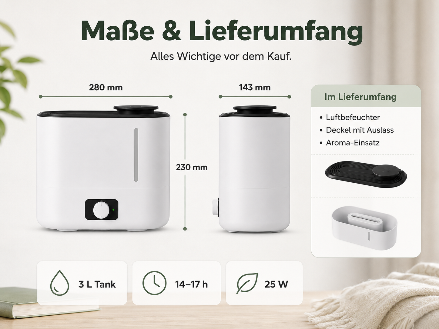 Technische Daten und Lieferumfang eines weißen Luftbefeuchters mit 3L Tank.