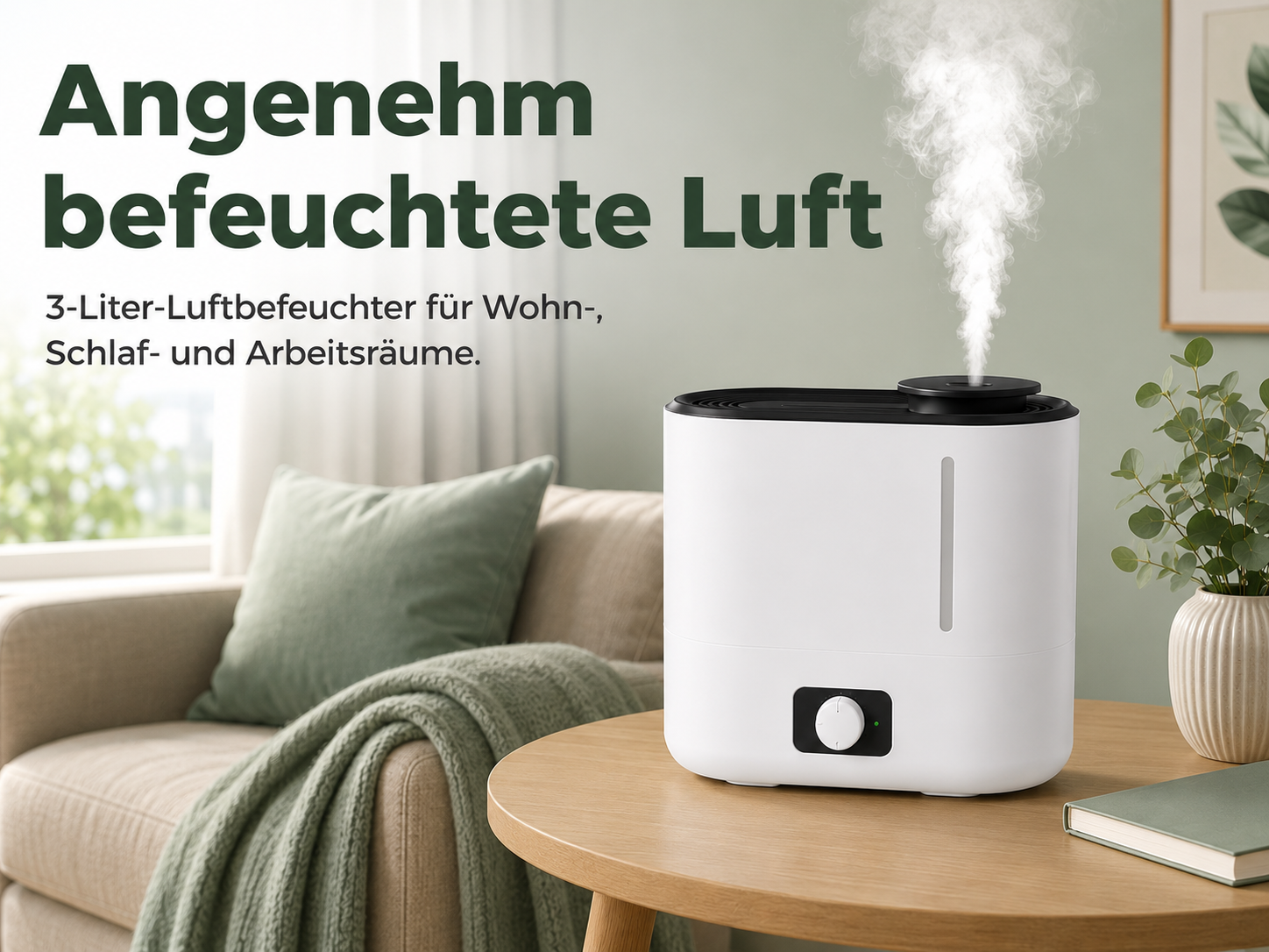 Ein weißer Luftbefeuchter gibt Dampf ab. Daneben ein Sofa und ein Tisch.