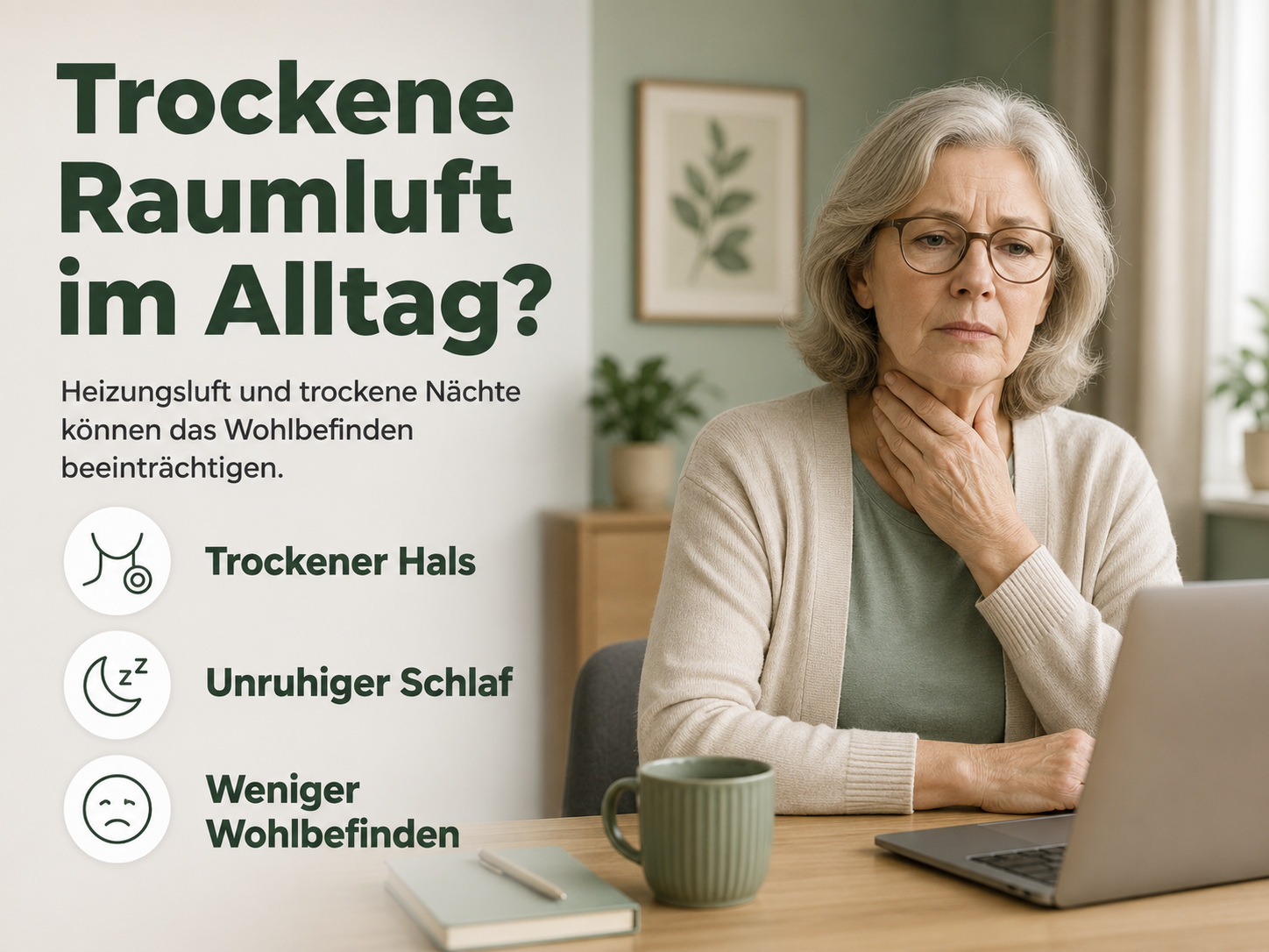 Ältere Frau fasst sich an den Hals, sitzt am Laptop. Text über trockene Luft.