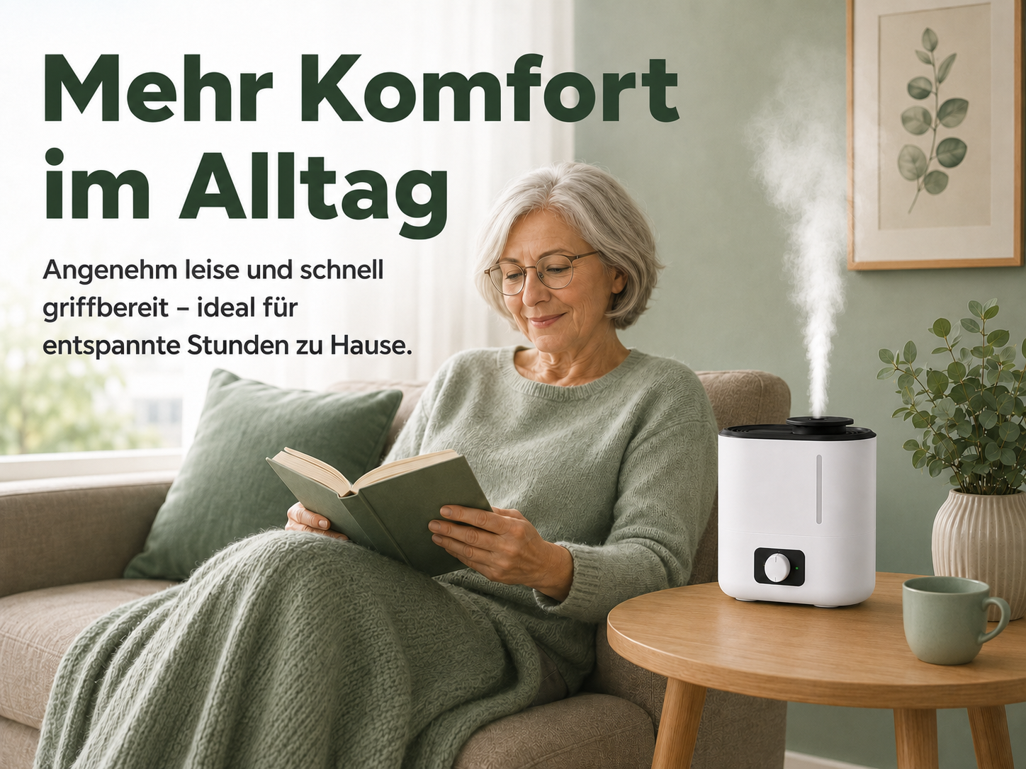 Eine Frau liest auf einem Sofa, während ein Luftbefeuchter dampft.