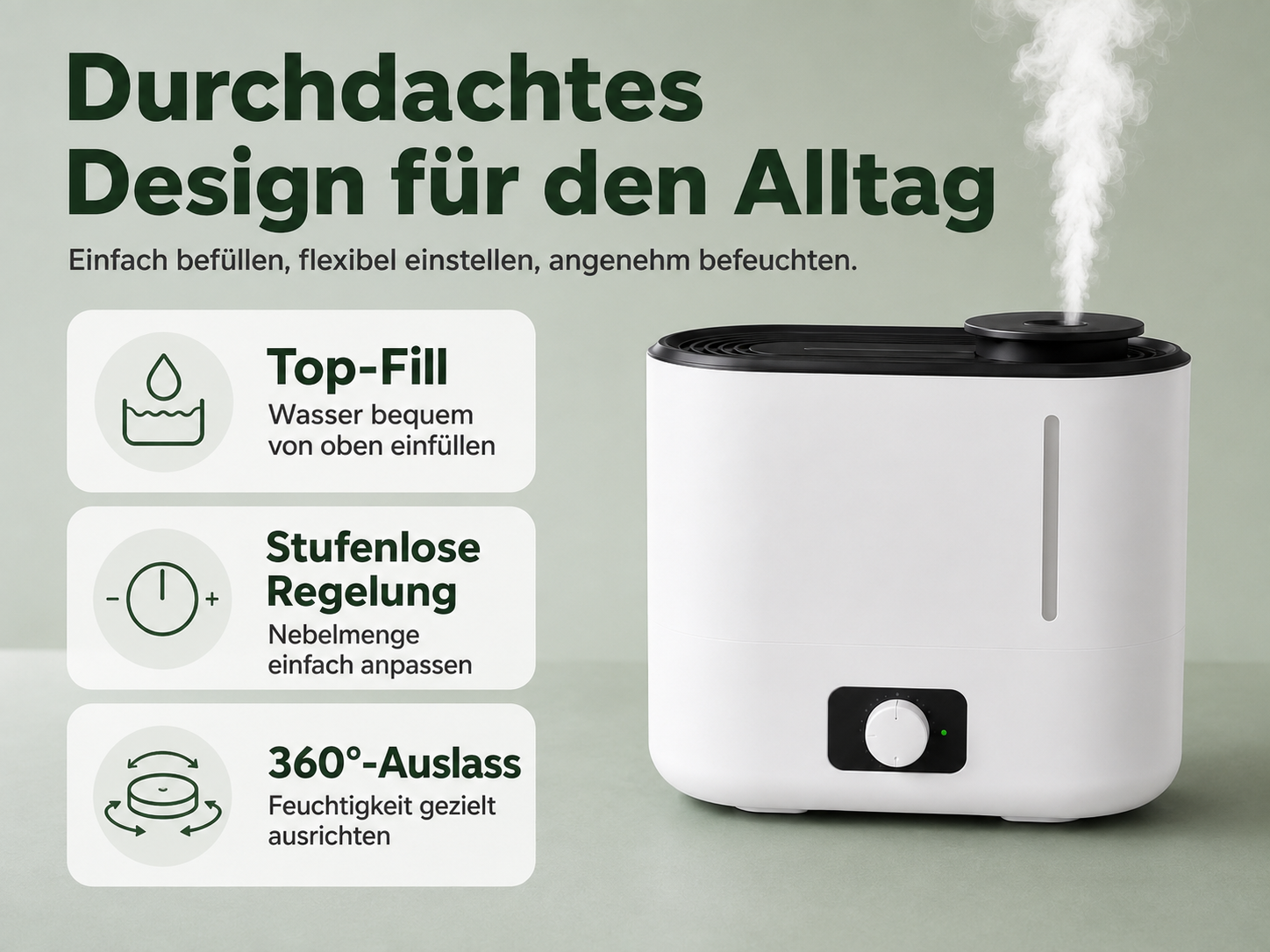 Ein weißer Luftbefeuchter mit schwarzem Deckel, der Dampf ausstößt. Links sind drei Icons mit Text.
