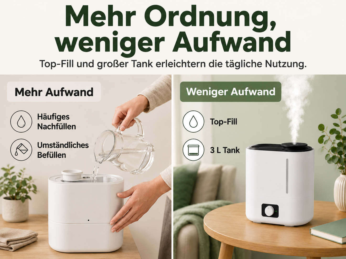 Ein Luftbefeuchter mit großem Tank und Top-Fill-Funktion wird im Vergleich zu einem kleineren Modell gezeigt.