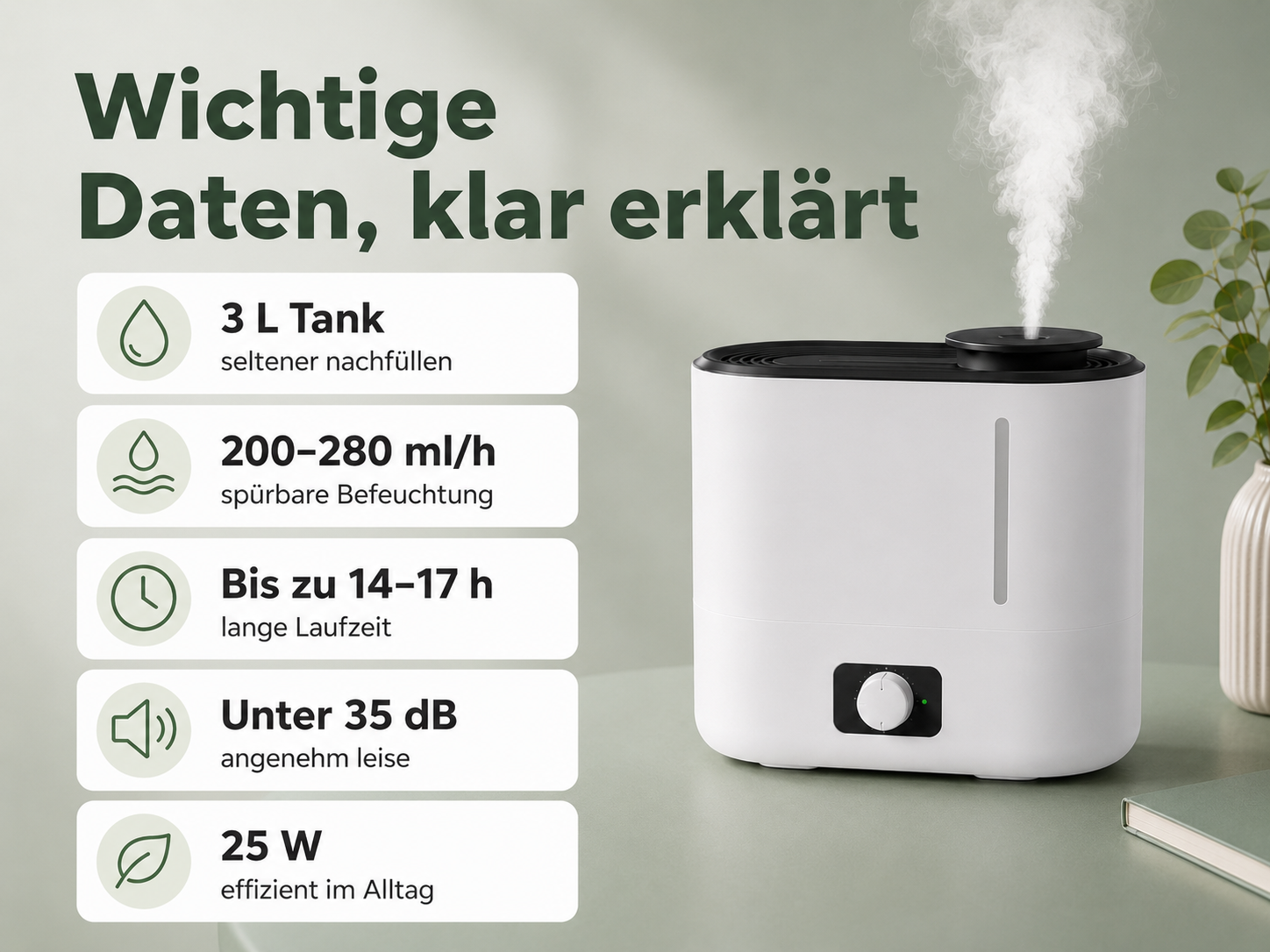 Ein weißer Luftbefeuchter mit schwarzem Deckel, der Nebel ausstößt, neben wichtigen Daten.