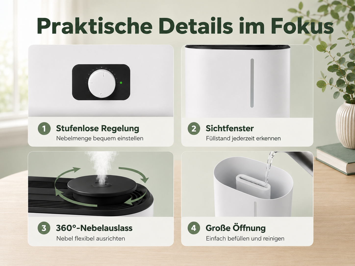 Vier praktische Details eines Luftbefeuchters: Regelung, Sichtfenster, Nebelauslass und Öffnung.