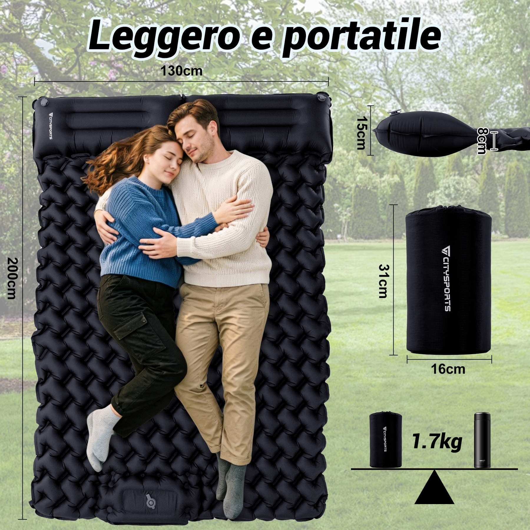 Una coppia dorme su un materasso ad aria nero di 130x200cm.