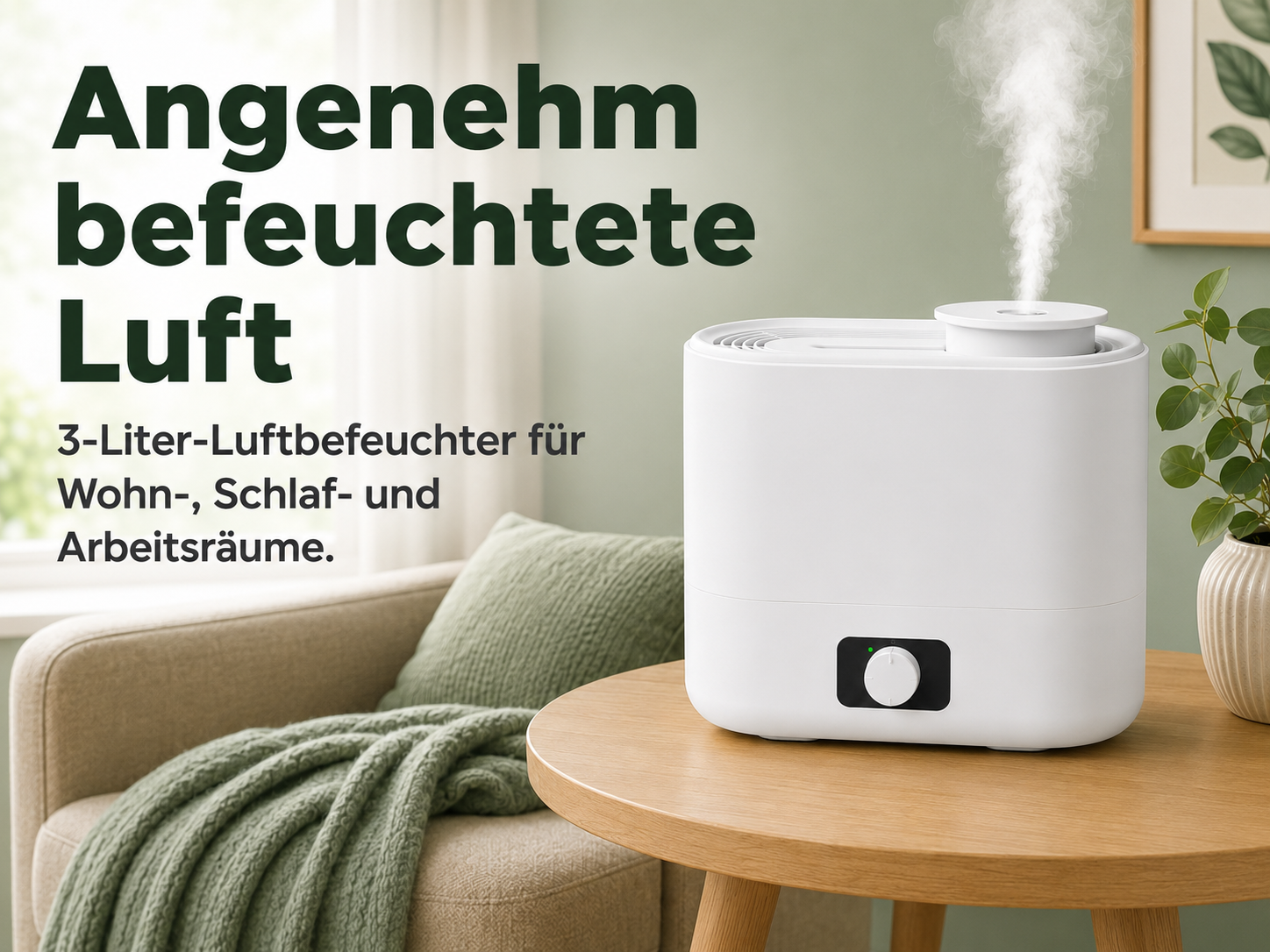 Weißer Luftbefeuchter mit Dampf auf einem Holztisch neben einem Sessel.