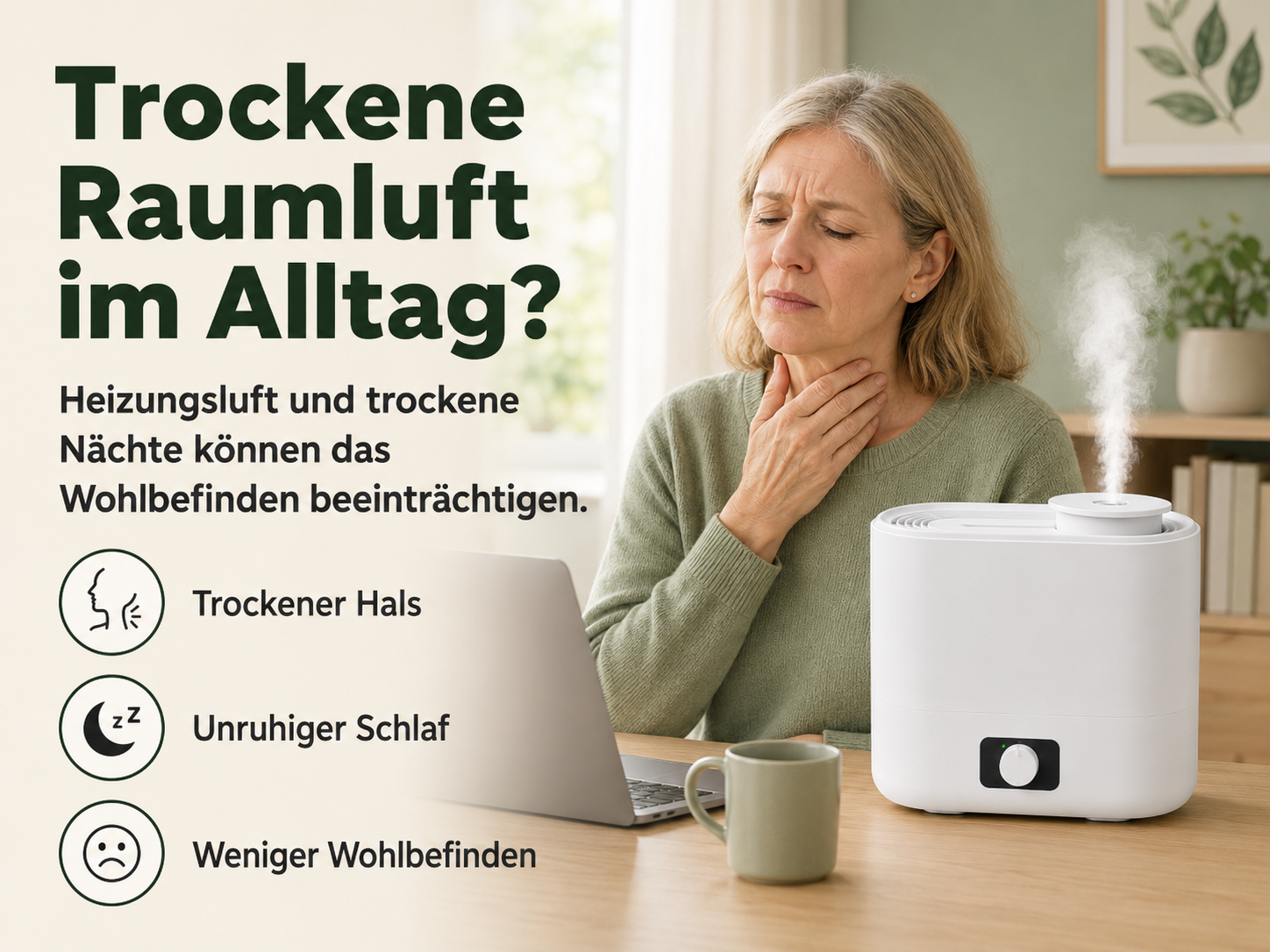 Frau mit trockenem Hals neben einem weißen Luftbefeuchter mit Dampf.