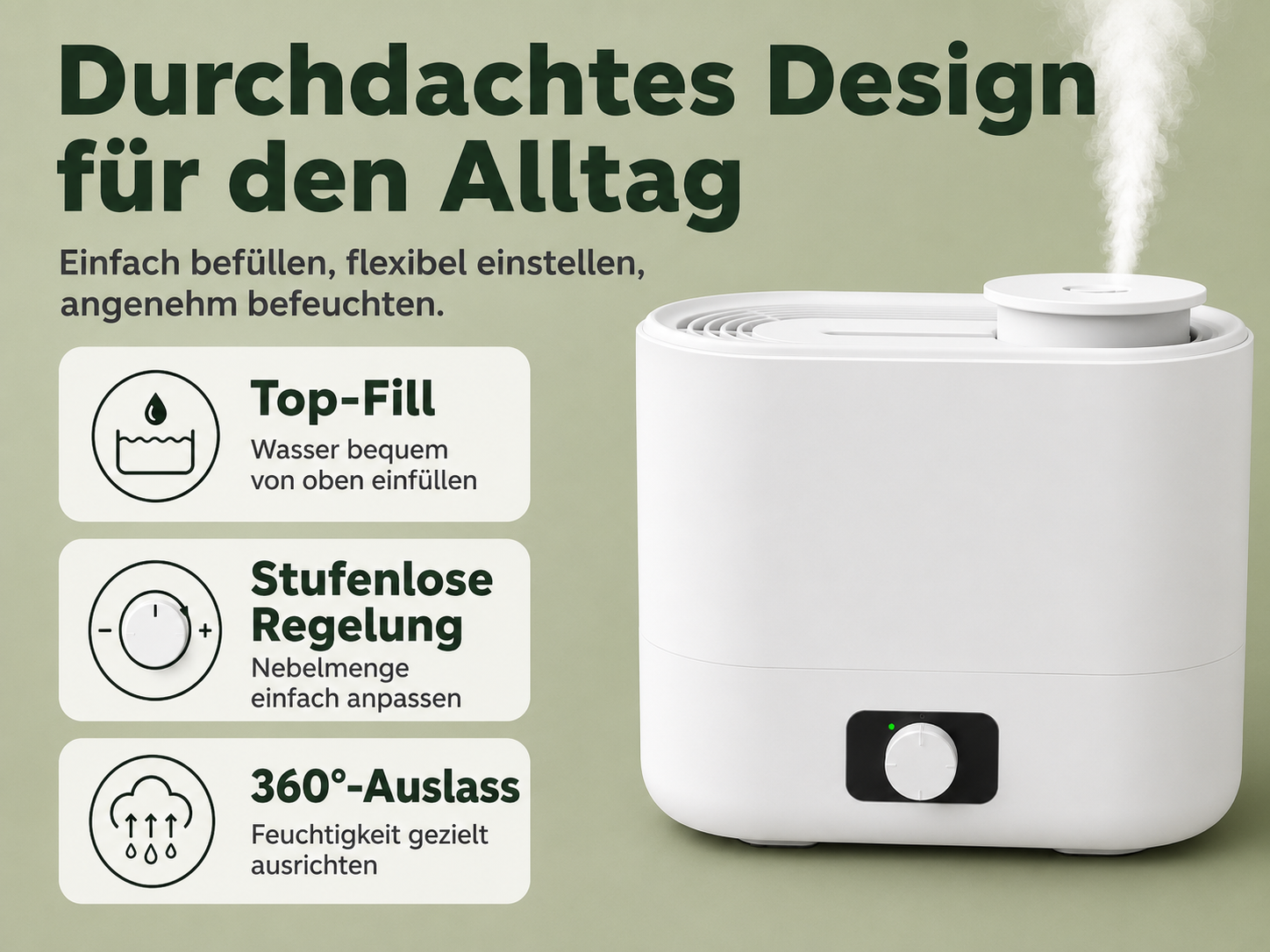 Ein weißer Luftbefeuchter mit Nebelausstoß und deutschen Texten zu seinen Funktionen.