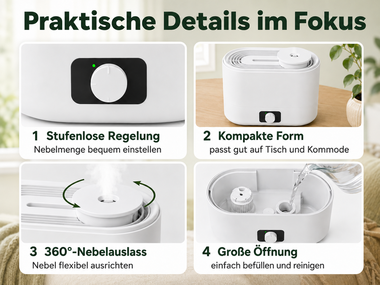 Vier praktische Details eines weißen Luftbefeuchters: Regelung, Form, Auslass, Öffnung.