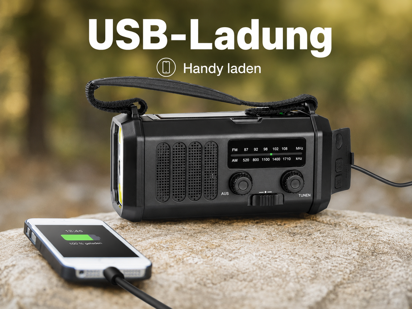 Schwarzes Radio lädt ein weißes Handy über USB auf einem Stein.