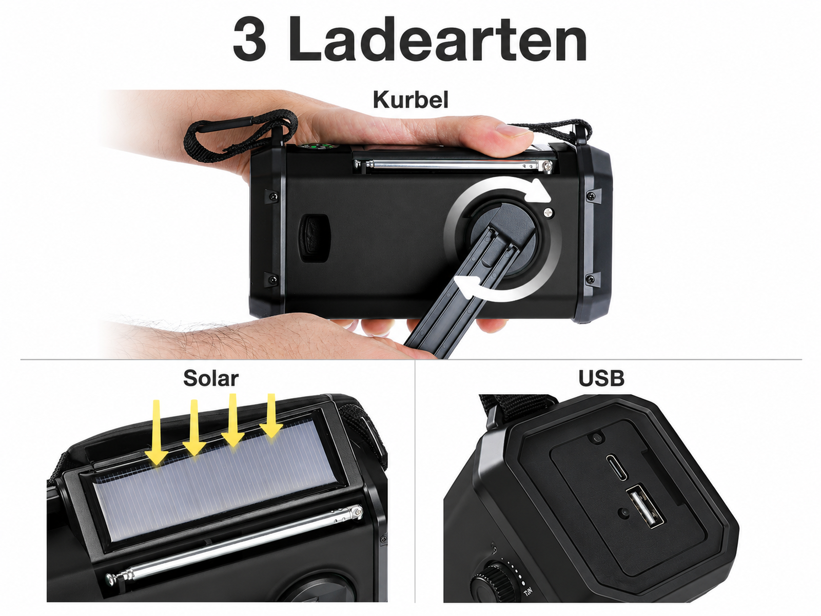 Ein schwarzes Radio mit drei Lademodi: Kurbel, Solar und USB.