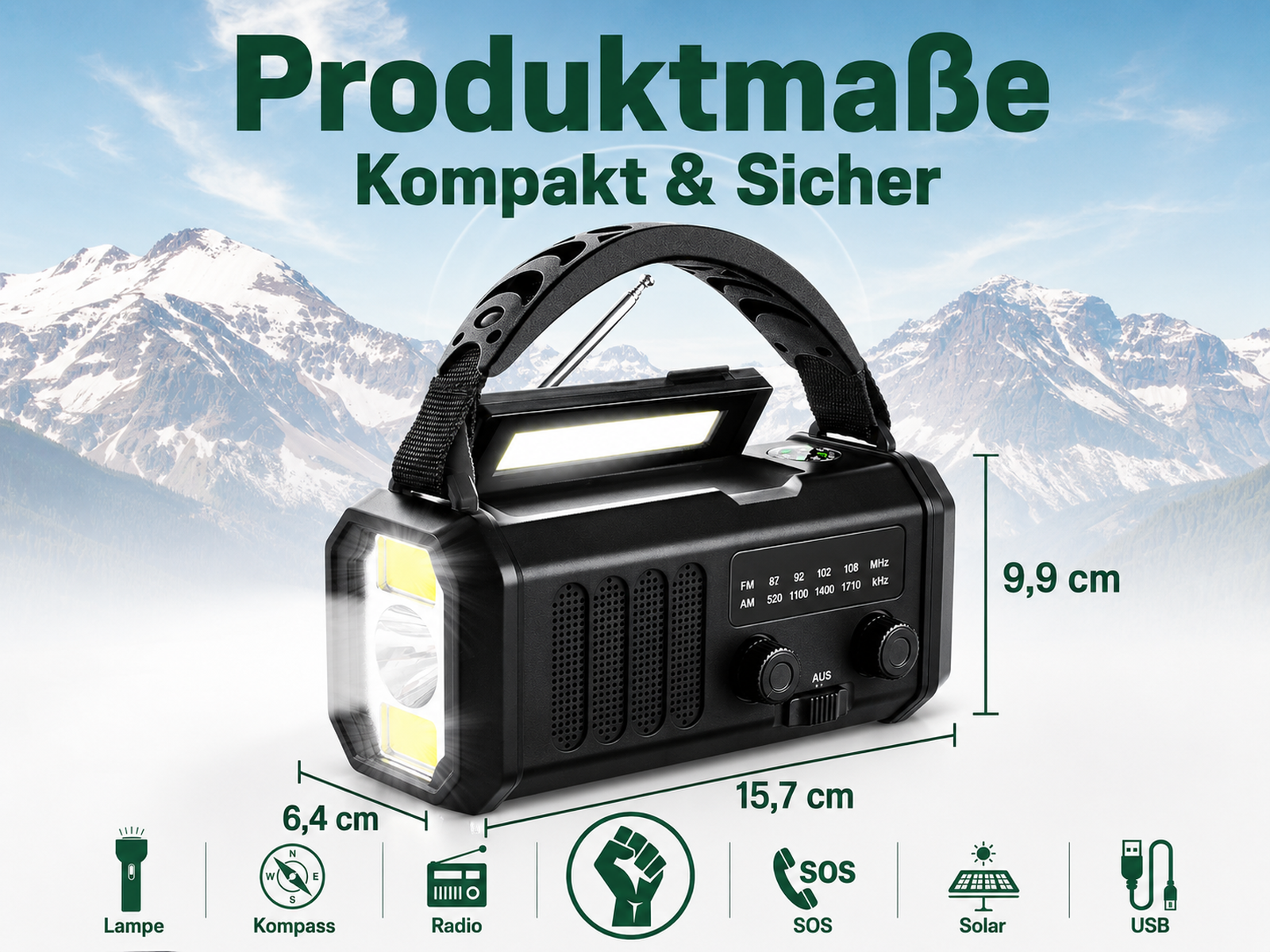 Ein schwarzes Multifunktionsgerät mit Lampe, Radio, Kompass und SOS-Funktion.