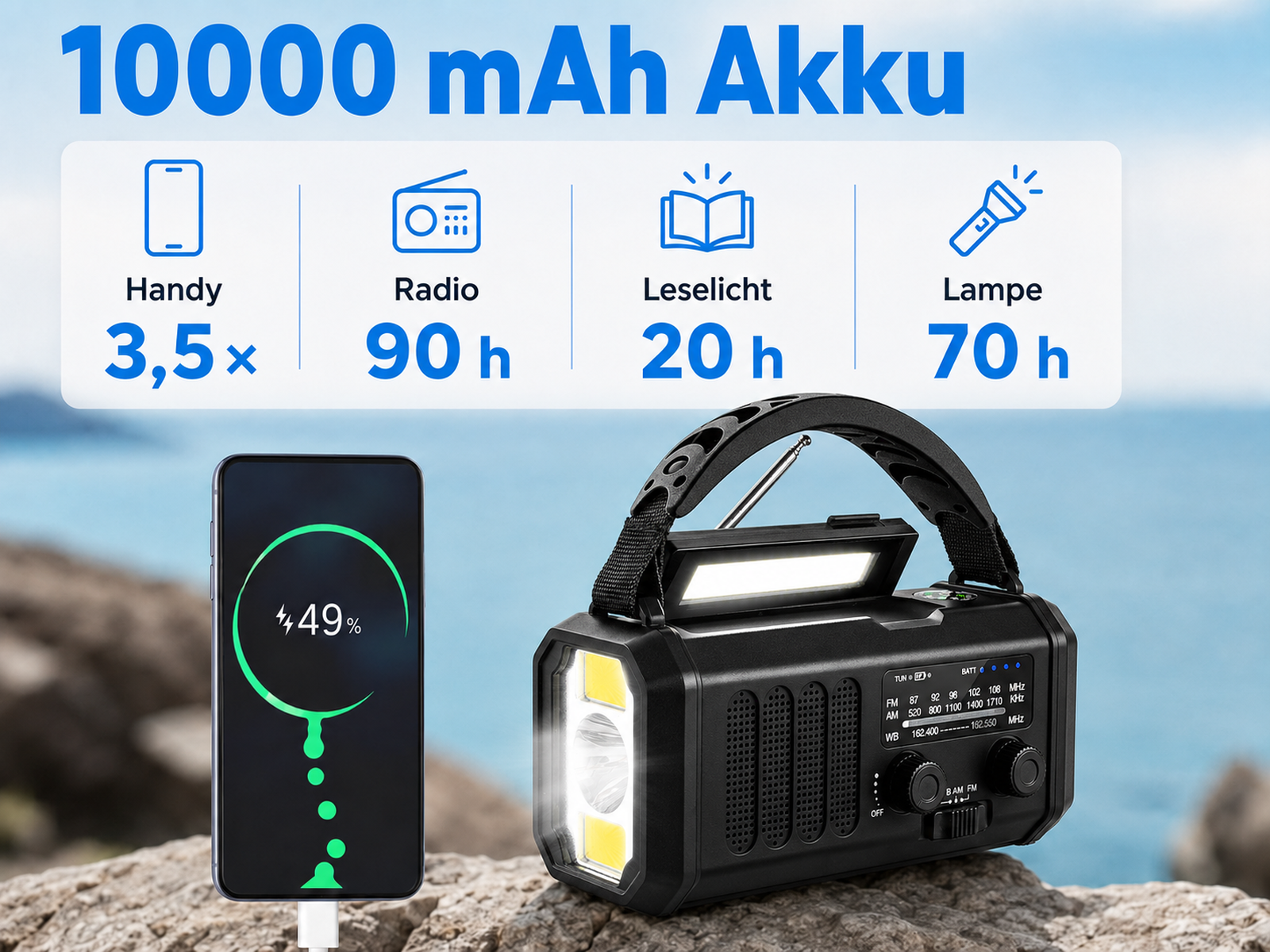 Ein schwarzes Notfallradio mit Lampe und Handy-Ladestatus wird auf Felsen gezeigt.