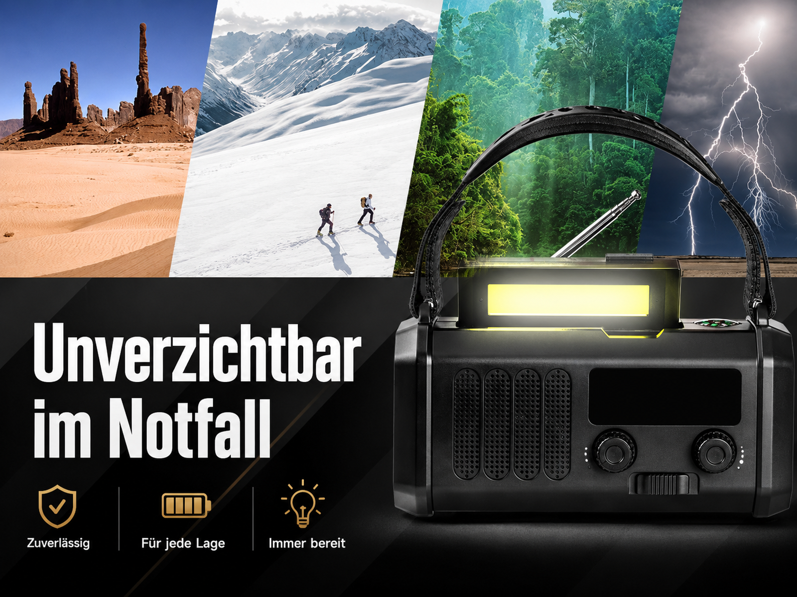 Ein Notfallradio mit Licht leuchtet. Umgeben von Wüste, Schnee, Wald und Gewitter.