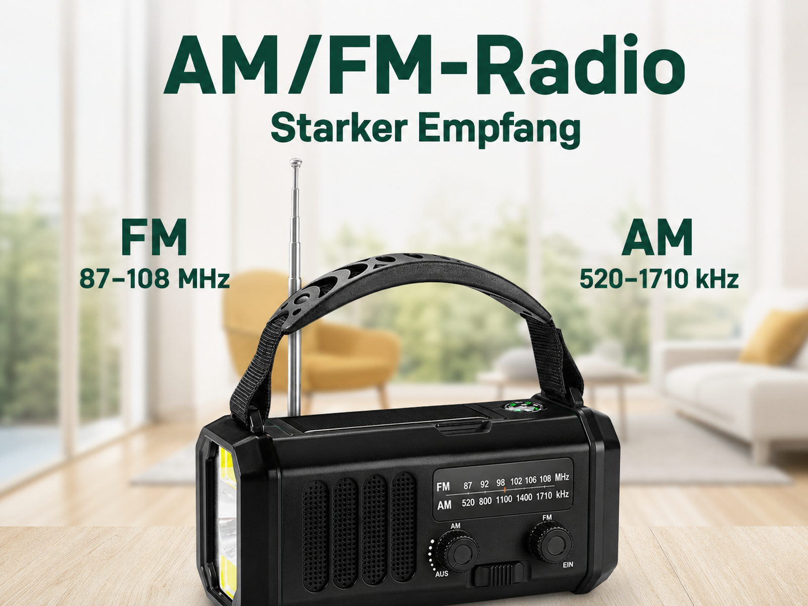 Schwarzes AM/FM-Radio mit LED-Lampe, Teleskopantenne und Griff.