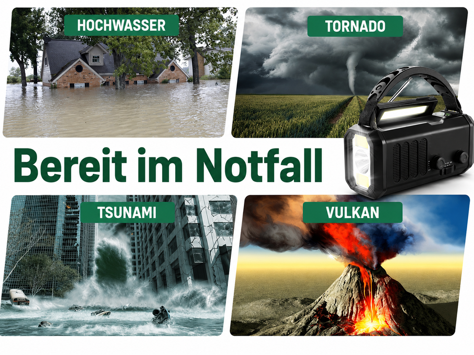 Vier Katastrophenbilder: Hochwasser, Tornado, Tsunami, Vulkan, mit einem Notfallradio.