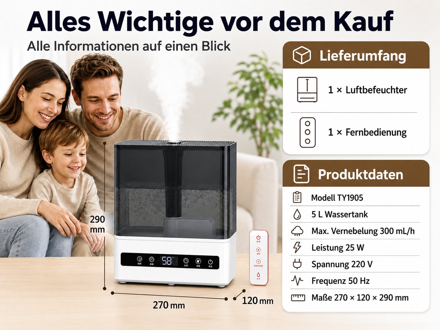Familie vor Luftbefeuchter mit Produktdaten und Lieferumfang.