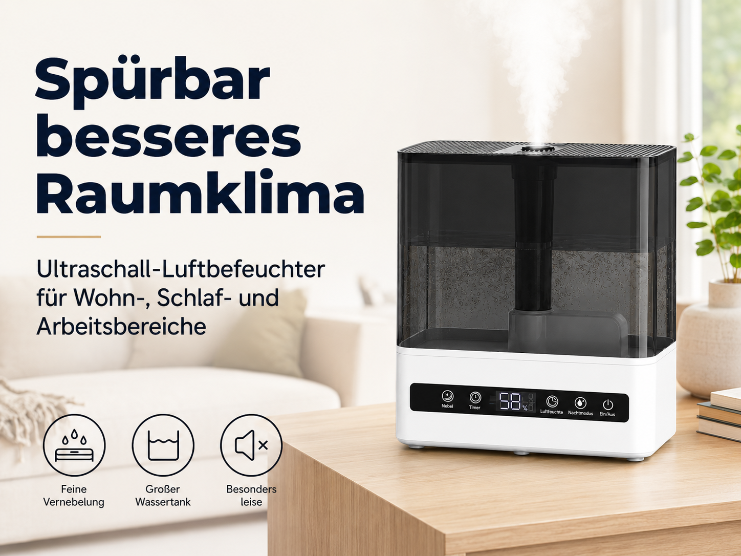 Ein Ultraschall-Luftbefeuchter steht auf einem Holztisch und gibt Dampf ab.