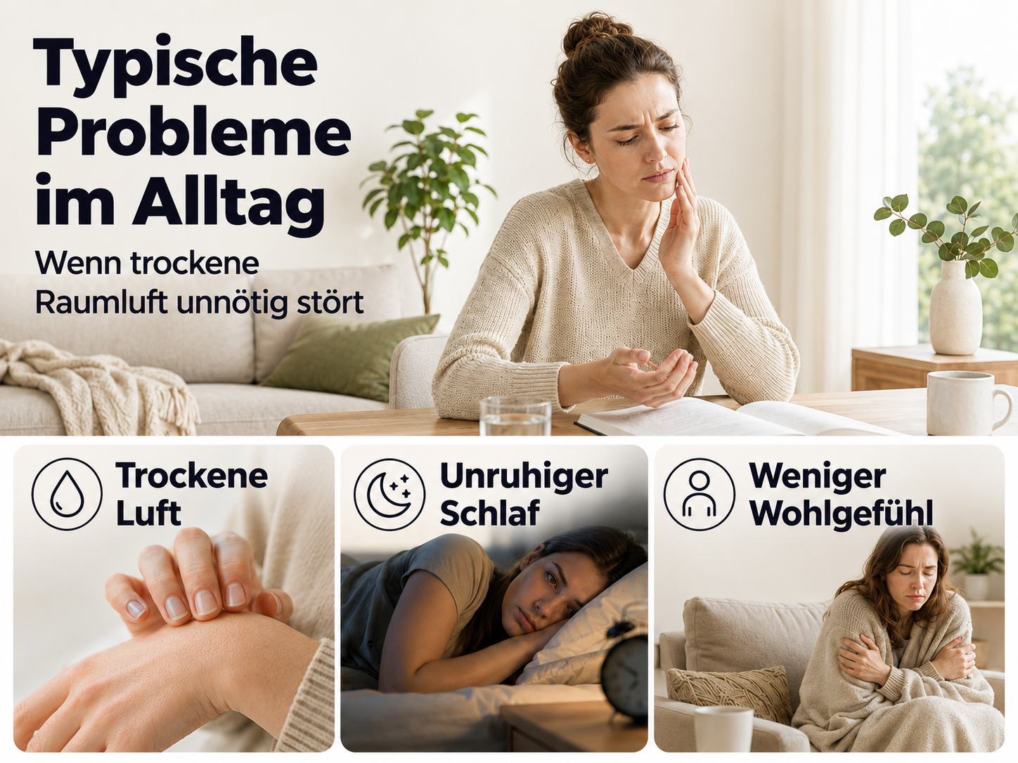Frau mit Zahnschmerzen, trockene Hände, Frau im Bett und frierende Frau.