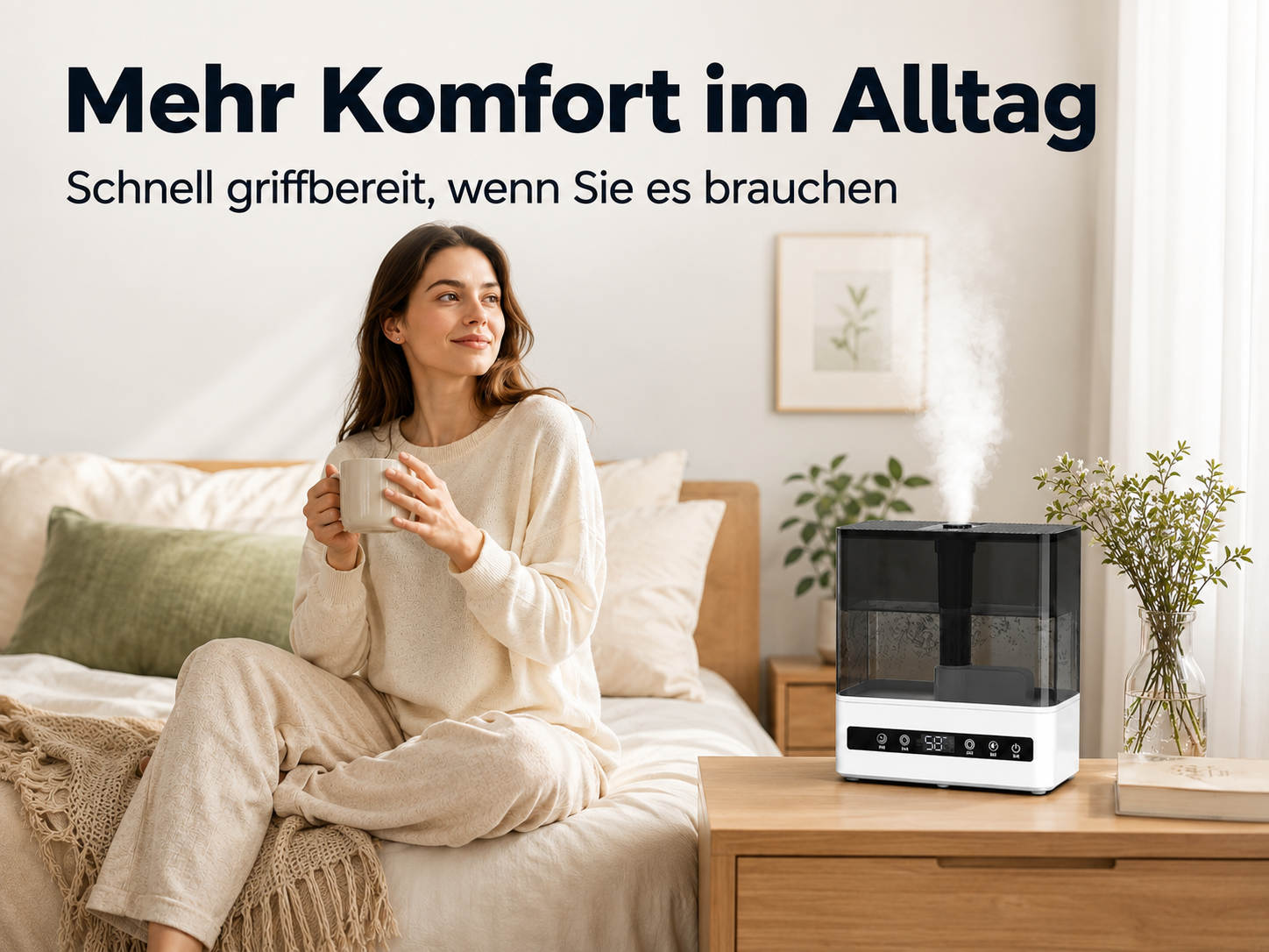Frau sitzt auf einem Bett mit einer Tasse, ein Luftbefeuchter gibt Dampf ab.