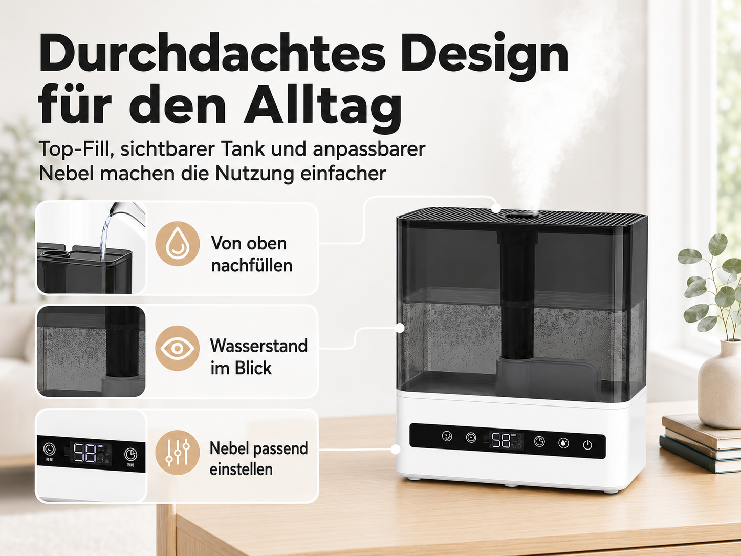 Ein weißer Luftbefeuchter mit schwarzem Tank gibt Nebel ab. Links sind Funktionen abgebildet.
