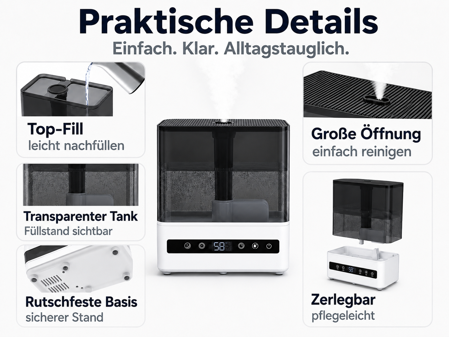 Ein Diffusor mit transparentem Tank, Top-Fill-System, großer Öffnung und rutschfester Basis.