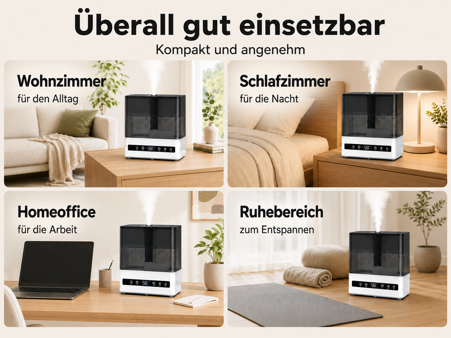 Luftbefeuchter in vier Szenarien: Wohnzimmer, Schlafzimmer, Homeoffice, Ruhebereich.