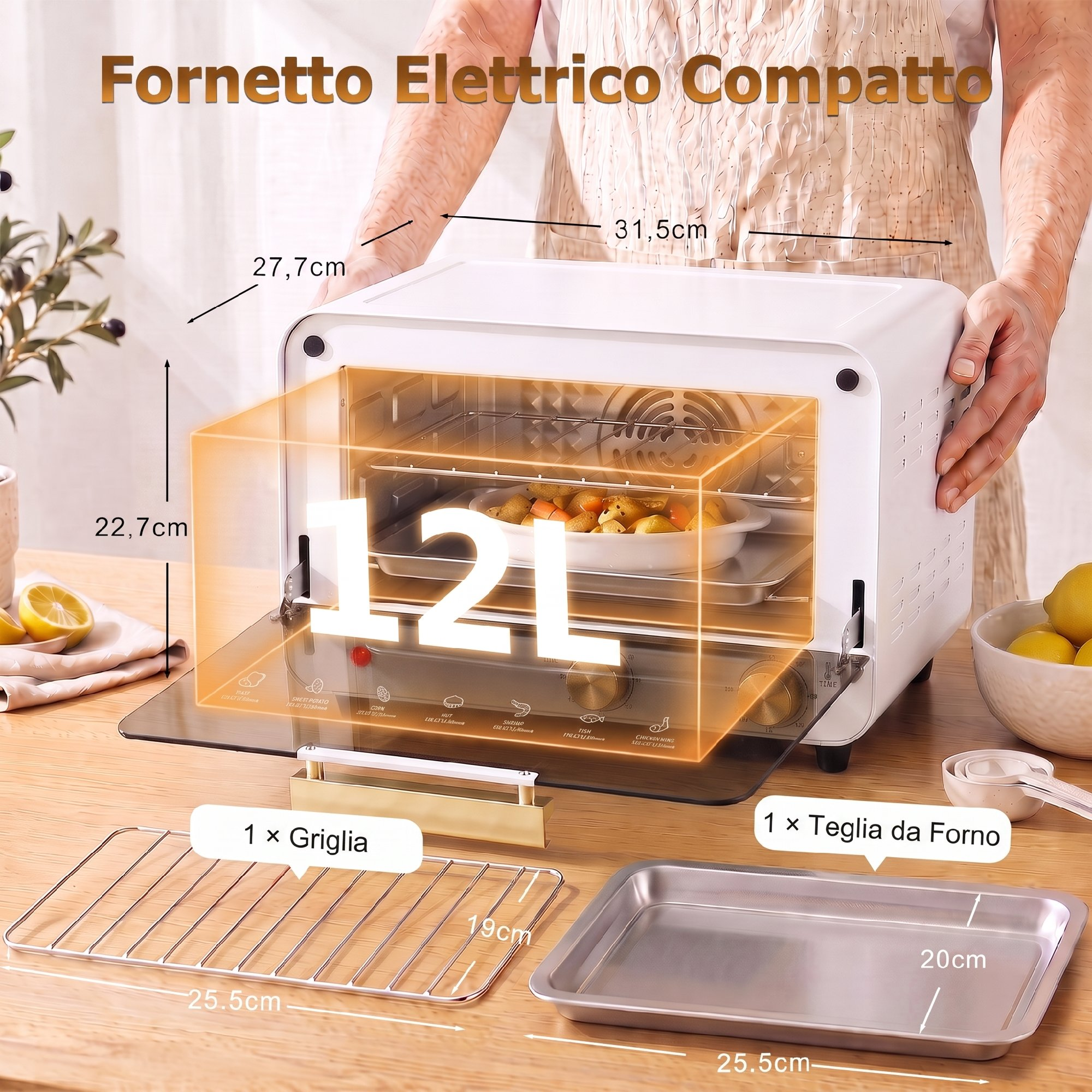 Un forno elettrico compatto bianco da 12L mostrato con dimensioni e accessori.