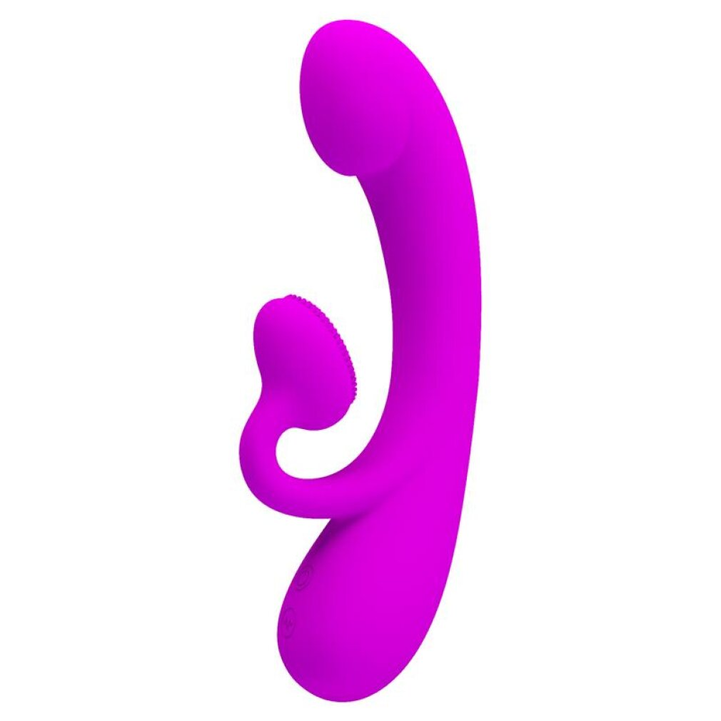 Ein violetter Vibrator mit einer gebogenen Form und einer kleinen, gerippten Spitze.