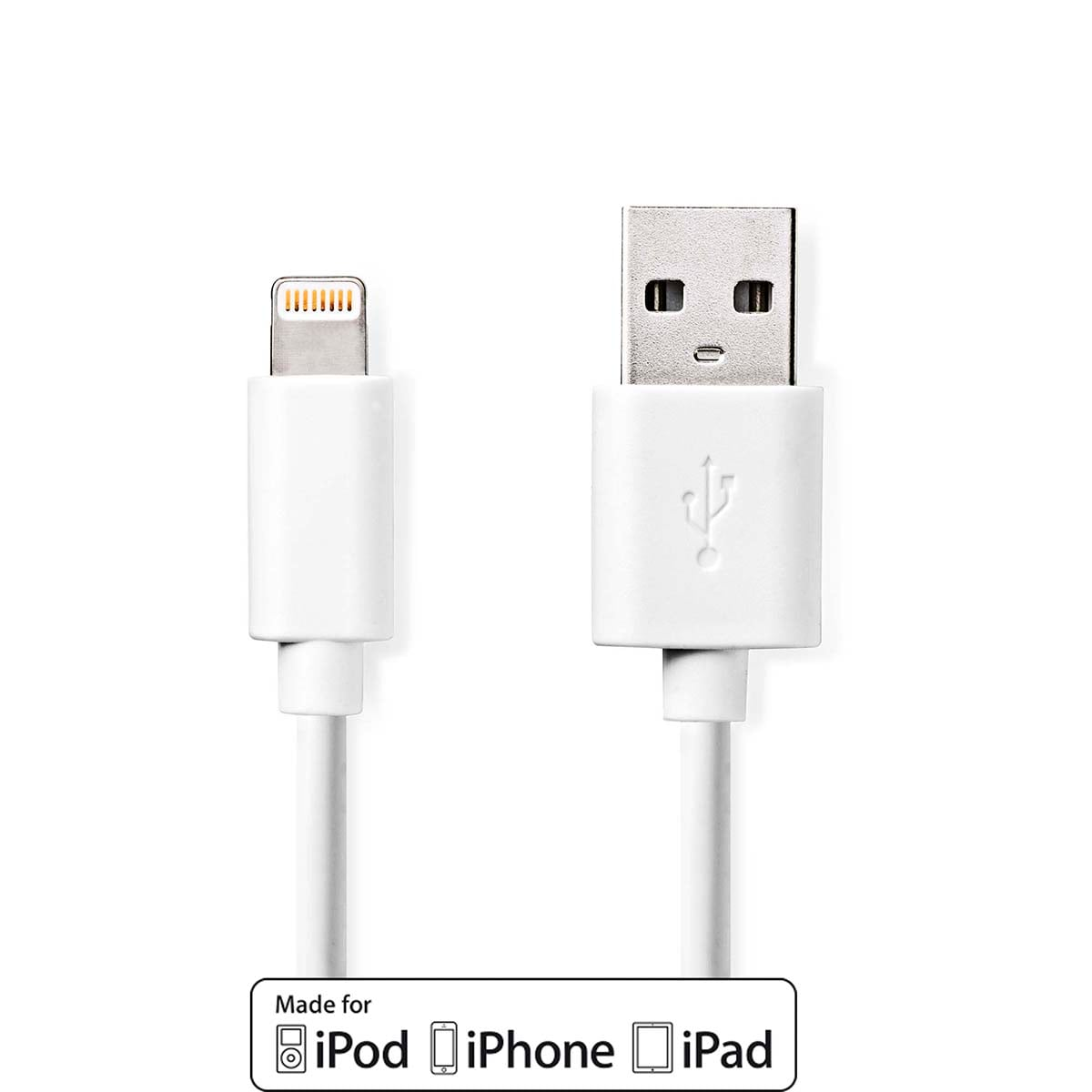 Câble blanc USB-A vers Lightning avec connecteurs visibles. Logo Made for iPod, iPhone, iPad.