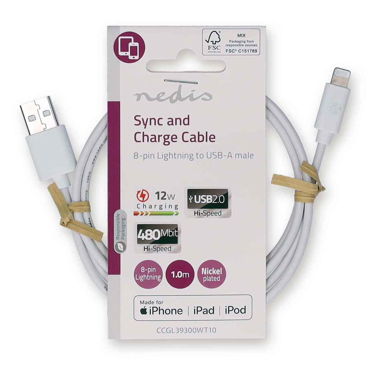 Câble blanc Nedis 1m USB-A vers Lightning, synchronisation et charge, 12W.