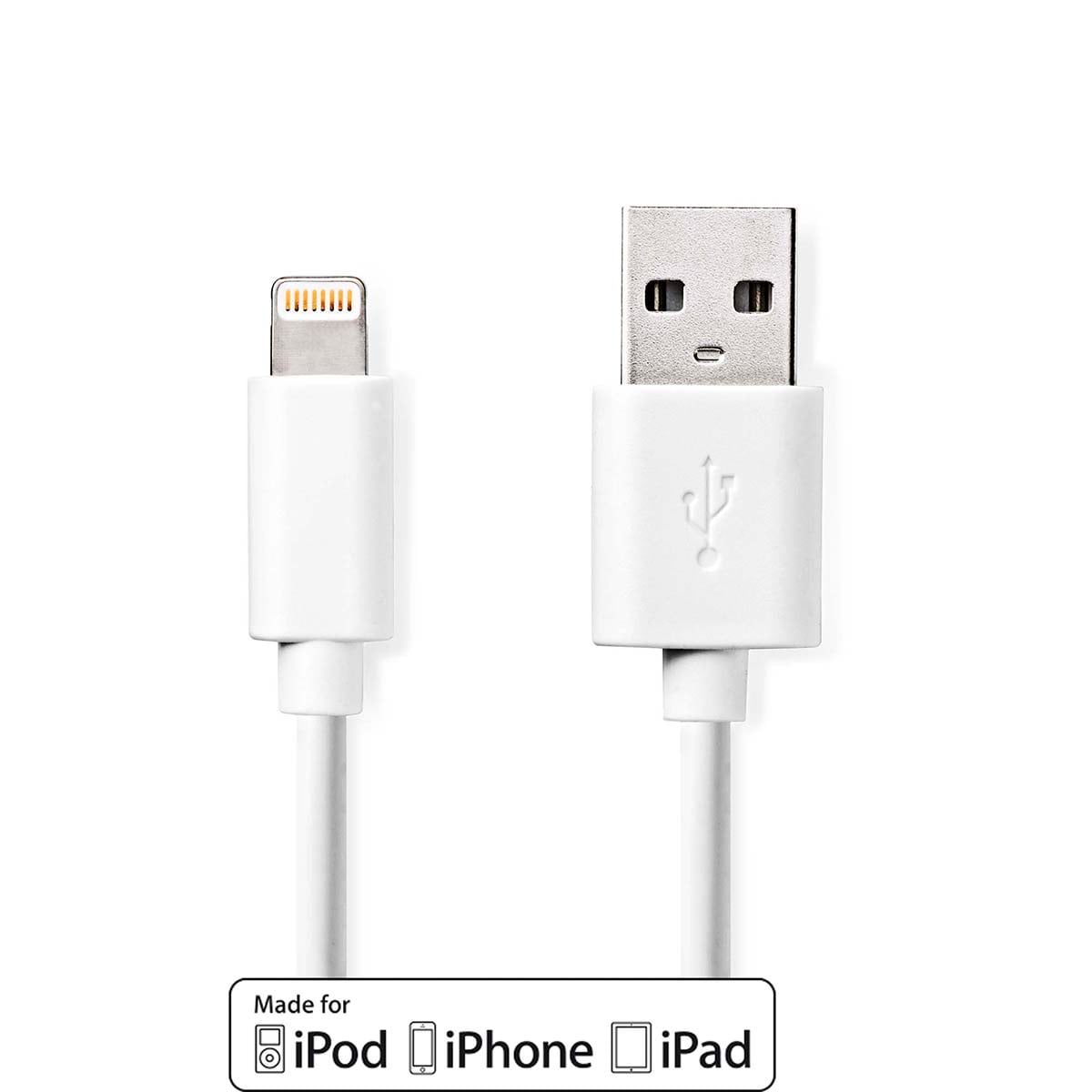 Un câble lightning blanc et un câble USB côte à côte, avec logo "Made for".