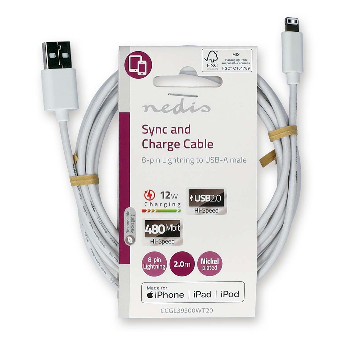 Un câble de synchronisation et de chargement Nedis Lightning vers USB-A blanc certifié FSC.