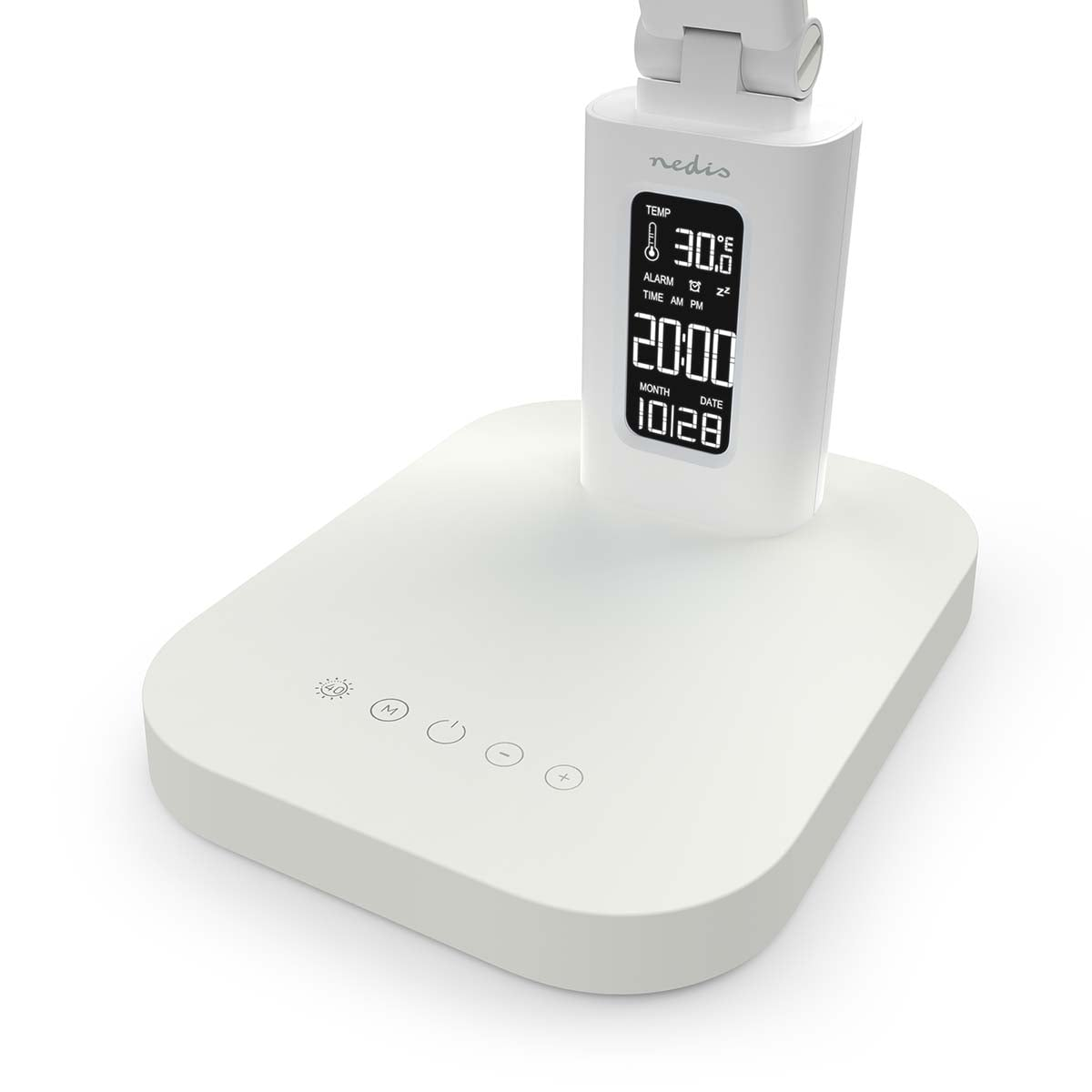 Weiße Lampe mit digitaler Anzeige für Temperatur, Alarm, Uhrzeit und Datum.