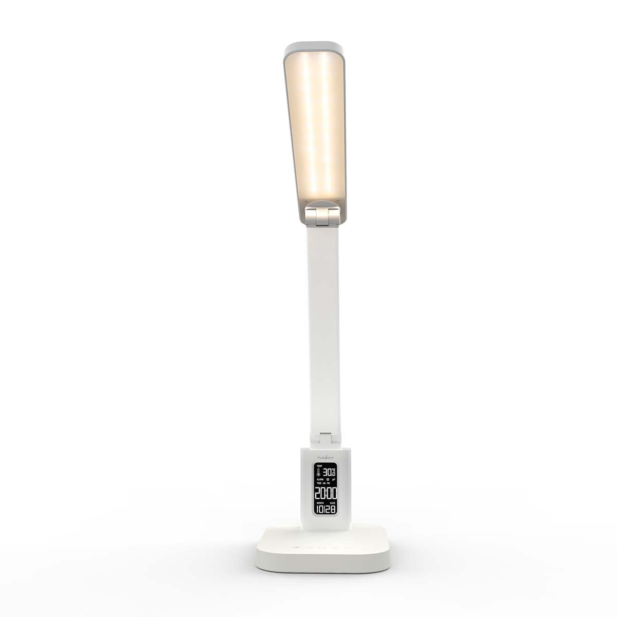 Eine weiße LED-Schreibtischlampe mit digitaler Anzeige auf dem Sockel.