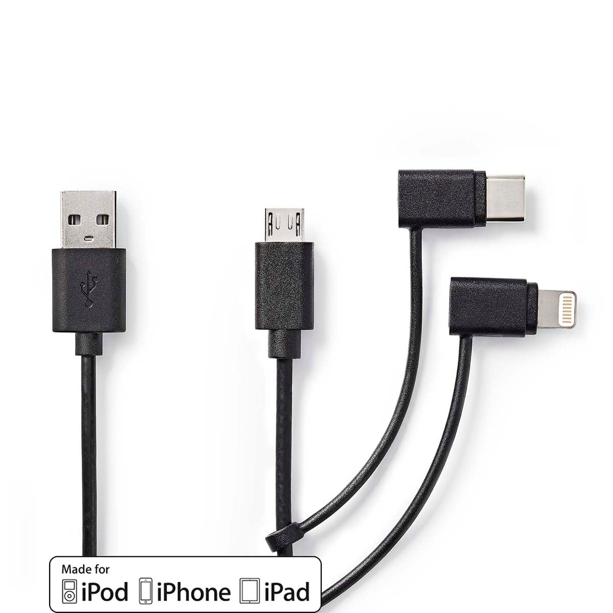 Ein schwarzes USB-Kabel mit drei verschiedenen Anschlüssen: USB-A, Micro-USB, USB-C und Lightning.