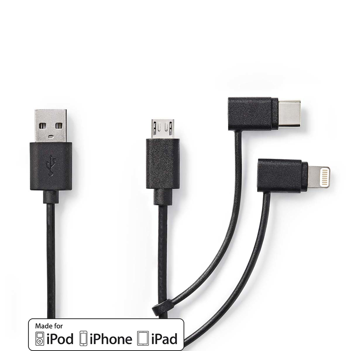 Ein schwarzes USB-Kabel mit drei Anschlüssen: USB-A, USB-C und Lightning.
