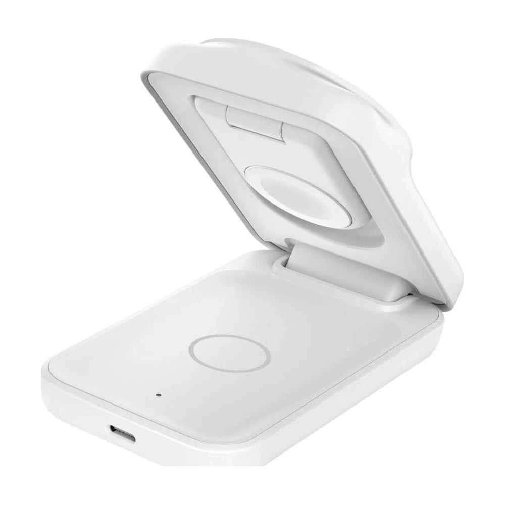 Ein geöffnetes weißes kabelloses Ladegerät mit einem USB-C-Anschluss.