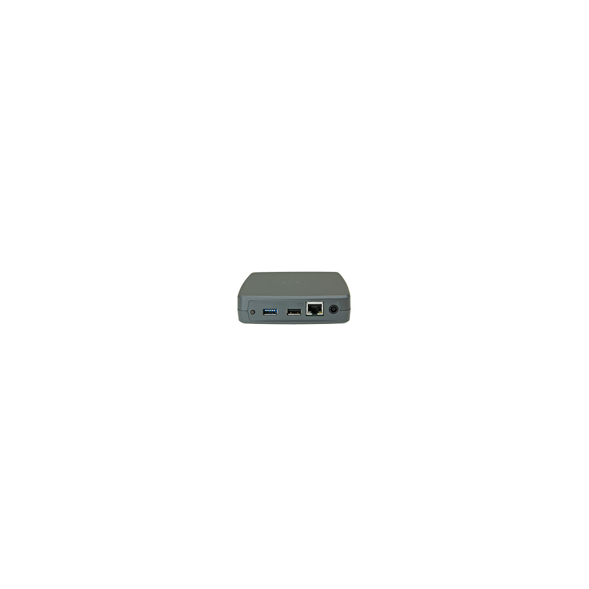 Graues rechteckiges Gerät mit Anschlüssen: USB, LAN, Strom. Minimalistisch.