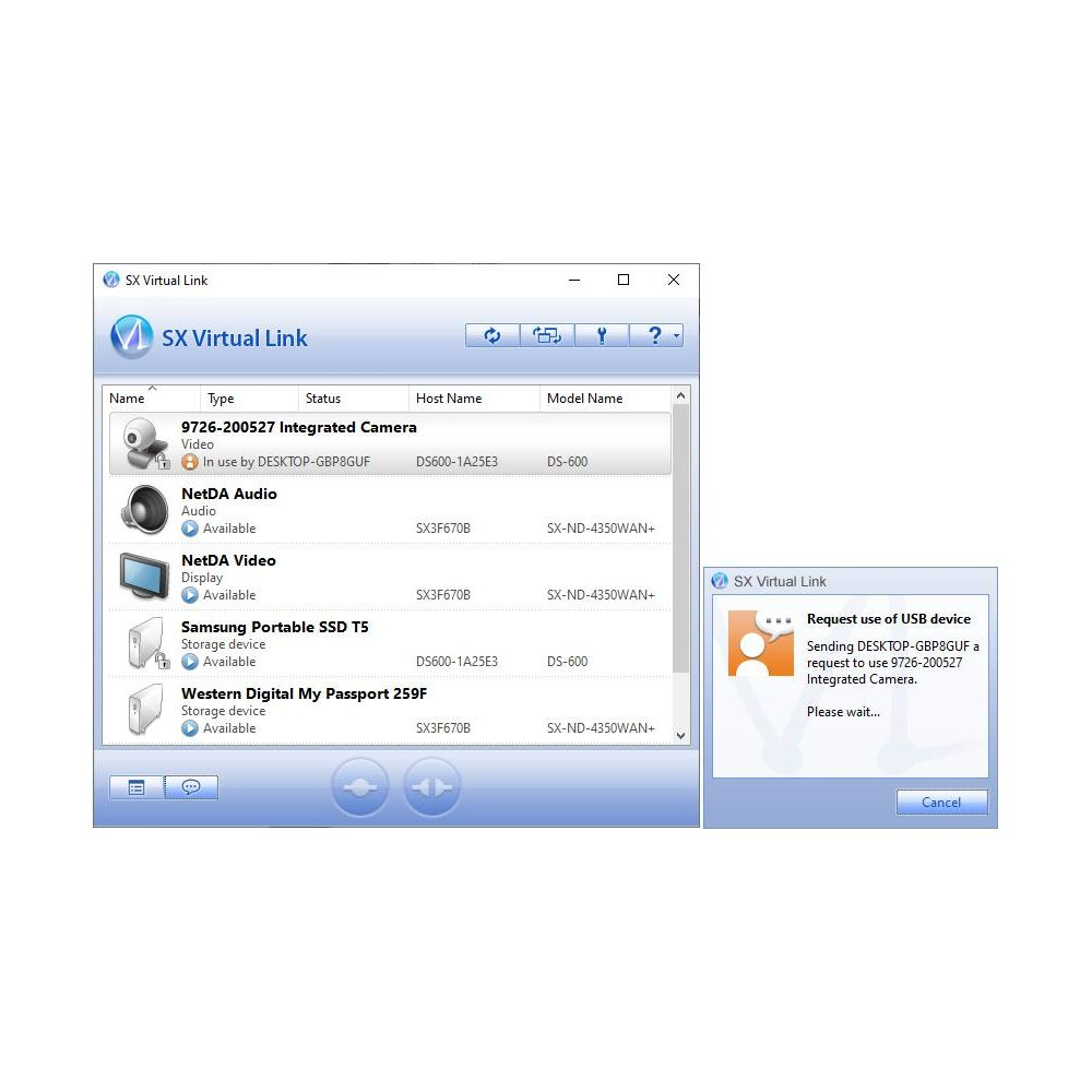 SX Virtual Link-Fenster mit Gerätestatus und USB-Anfrage.